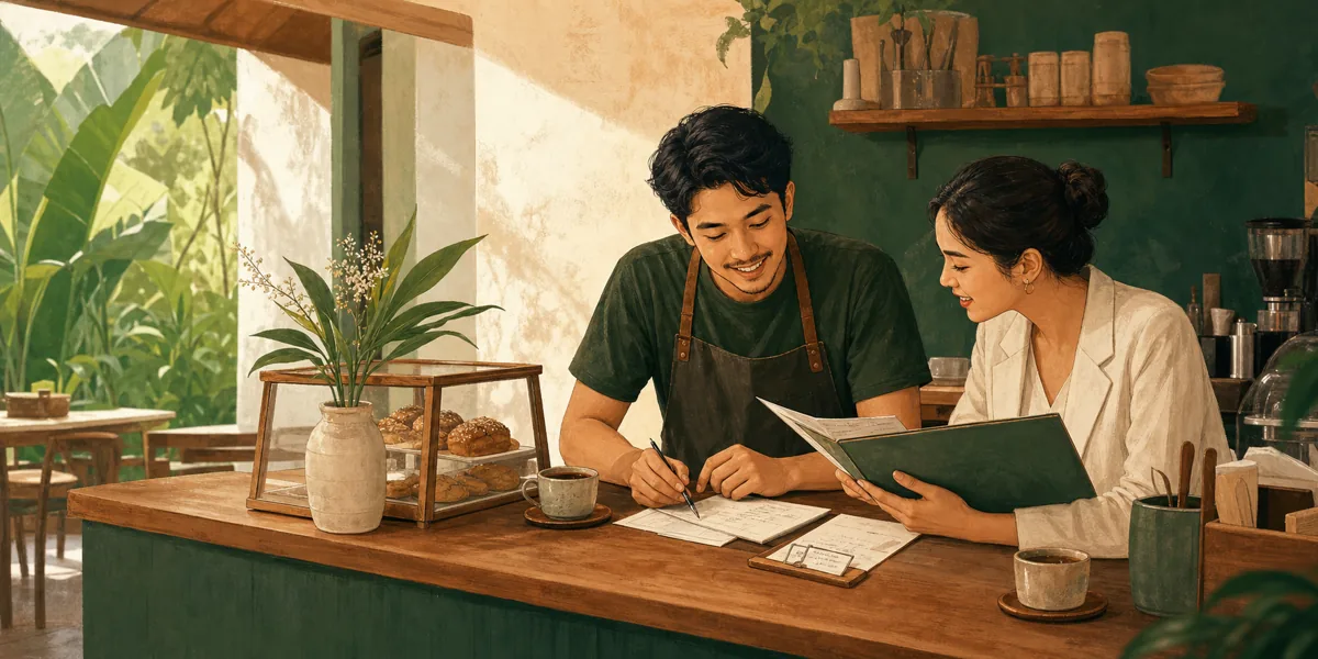 Ilustrasi pemilik kafe meninjau catatan usaha bersama pendamping